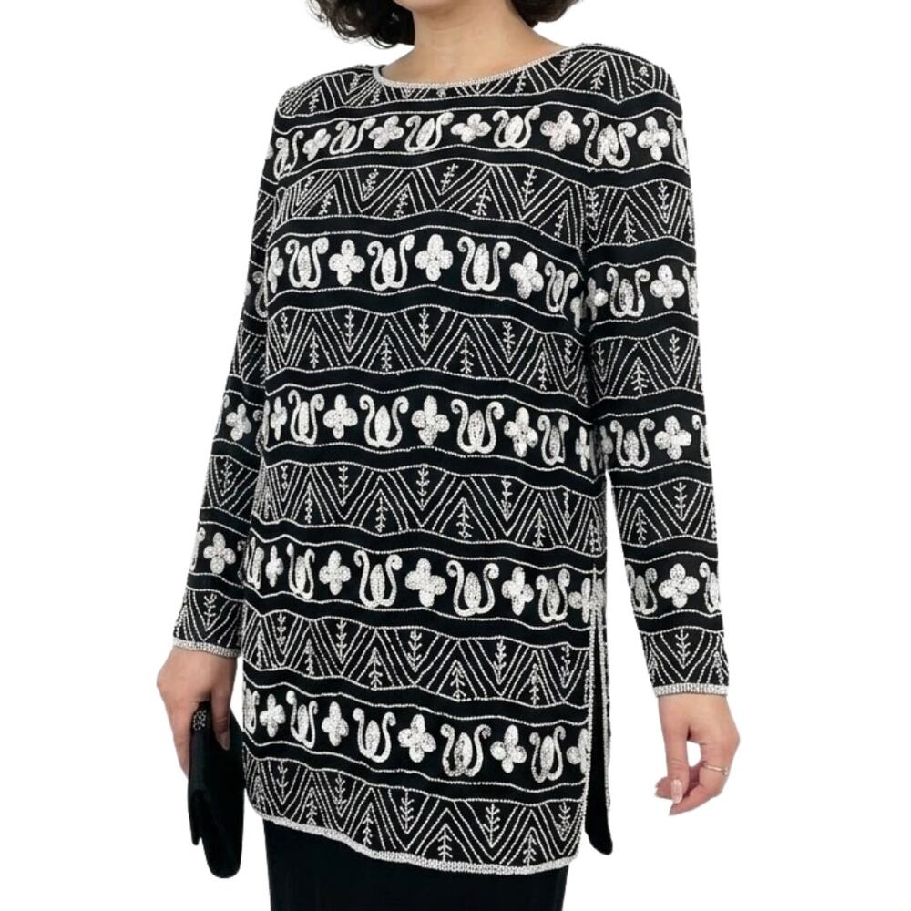 Vintage Adrianna Papell Black White Sequin Long Sleeve Tunic Top Size L Evening